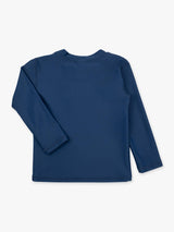 Baby boys navy long sleeve rash guard by RuffleButts + RuggedButts, showing the blue sun protection shirt for infants.