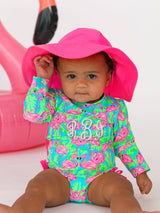 Baby Girls Neon Flamingo Long Sleeve One Piece Rash Guard Swimsuit with Signature Rear Ruffles