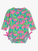 Baby Girls Neon Flamingo Long Sleeve One Piece Rash Guard Swimsuit with Signature Rear Ruffles