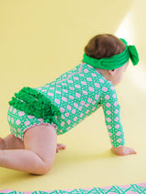 Baby girls pink coastal cane long sleeve rash guard swimsuit with signature rear ruffles, from RuffleButts + RuggedButts, for 0-3 months.