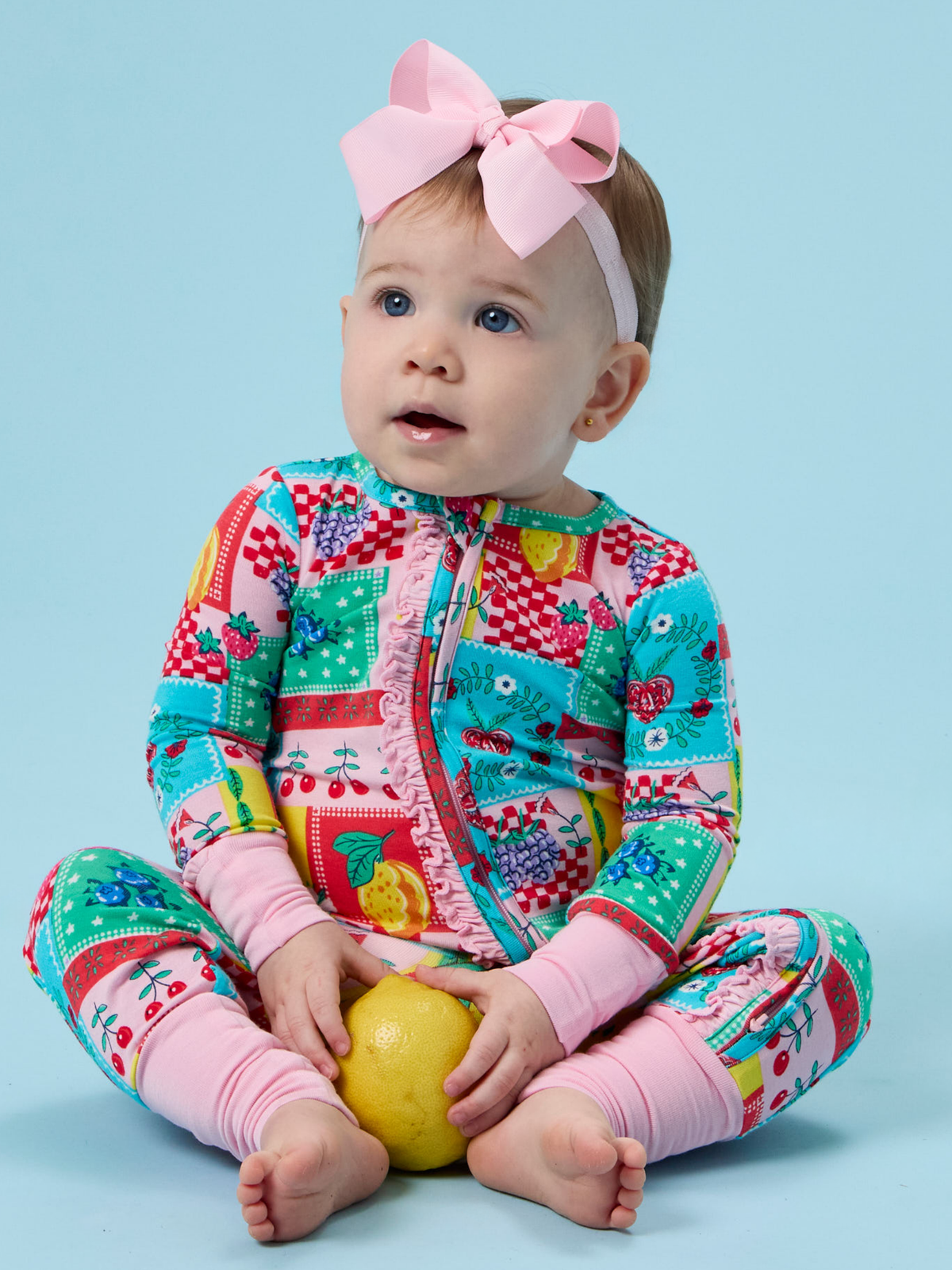 SoftSnooze™ Baby Girls Bamboo Viscose Picnic Party Patchwork Convertible Ruffle One Piece Footie Pajama: Multi-Color