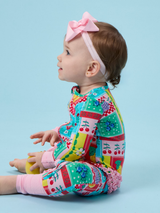 SoftSnooze™ Baby Girls Bamboo Viscose Picnic Party Patchwork Convertible Ruffle One Piece Footie Pajama: Multi-Color