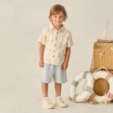 Light blue Perry Shorts by Rylee & Cru for 6-12 months, featuring a heathered fabric and comfortable elastic waistband.