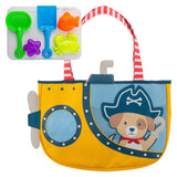 Stephen Joseph Gifts beach tote with shark sand toys play set, featuring a colorful shark design and various sand play accessories.