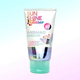Sunshine & Glitter Mermaid Biodegradable Glitter SPF 50 tube with colorful glitter design and sun protection label.