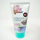Sunshine & Glitter S&G Mermaid biodegradable glitter SPF 50 tube showing vibrant, shimmering glitter with sunscreen protection.