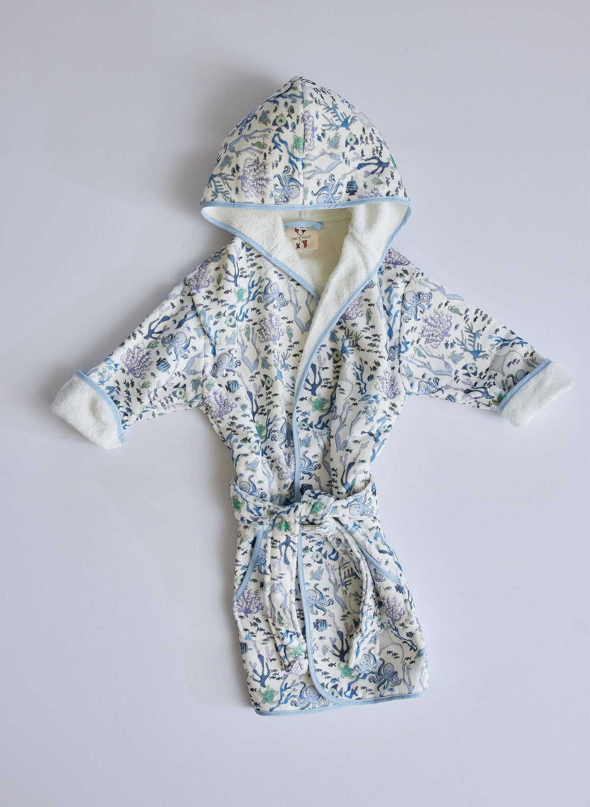 Timo & Violet Coral Reef Bathrobe for toddlers, colorful multi-pattern design, size 1-2 years, soft and cozy for kids.