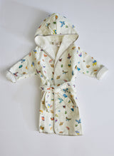 White Madame Butterfly bathrobe for 1-2 year old children by Timo & Violet, soft and cozy for young kids.