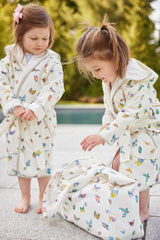 White Madame Butterfly bathrobe for 1-2 year old children by Timo & Violet, soft and cozy for little ones.