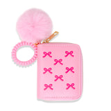 Pink 3D bow pom pom zip wallet by Tiny Treats and ZOMI GEMS, featuring a playful design and compact size for everyday use.