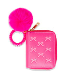 Pink 3D Bow Pom Pom Zip Wallet by Tiny Treats and ZOMI GEMS, featuring a playful bow and pom pom design for stylish organization.