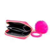 Pink 3D bow pom pom zip wallet by Tiny Treats and ZOMI GEMS with playful design and compact size.