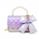 Purple shiny quilted fluffy bow handbag by Tiny Treats and ZOMI GEMS, featuring a soft quilted design with a decorative bow.