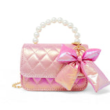Shiny purple quilted fluffy bow handbag by Tiny Treats and ZOMI GEMS with a soft, plush design and elegant bow detail.