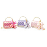 Purple shiny quilted fluffy bow handbag by Tiny Treats and ZOMI GEMS, featuring a stylish and plush design.