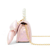 Shiny purple quilted fluffy bow handbag by Tiny Treats and ZOMI GEMS, featuring a soft texture and stylish design.