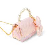 Shiny purple quilted fluffy bow handbag by Tiny Treats and ZOMI GEMS, featuring a soft, textured design with a decorative bow.