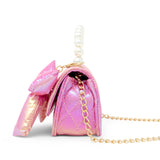 Purple shiny quilted fluffy bow handbag by Tiny Treats and ZOMI GEMS with a cute, plush design and decorative bow detail.