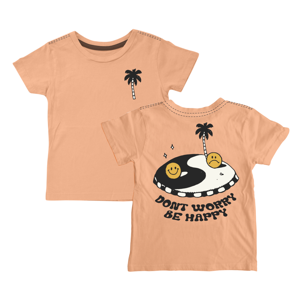 Tiny Whales Don't Worry Be Happy crew neck T-shirt with cheerful text and colorful design on soft fabric.