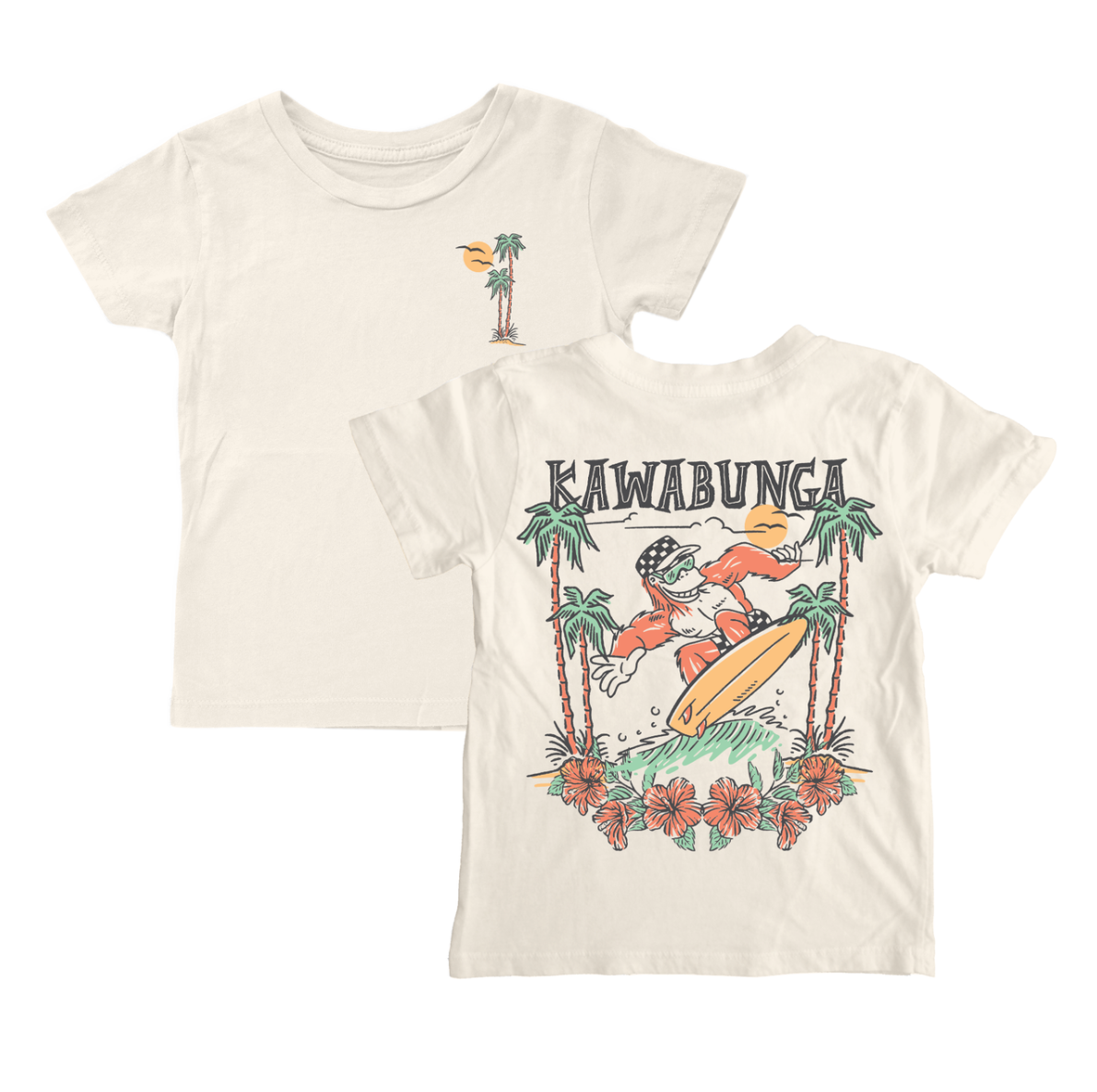 Tiny Whales Kawabunga crew neck T-shirt featuring a colorful graphic design on soft cotton fabric.