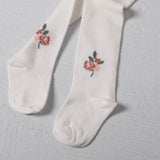 Baby girl fine knit tights by Viverano Organics featuring floral jacquard pattern and organic blend fabric for 3-6 months.