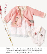 Baby girl Viverano Organics fine knit tights with floral jacquard pattern, made from organic blend, for ages 3-6 months.