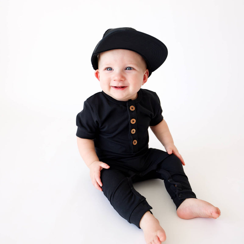 L&T Unisex Baby Cap Sleeve Wooden Button Romper-Jet Black