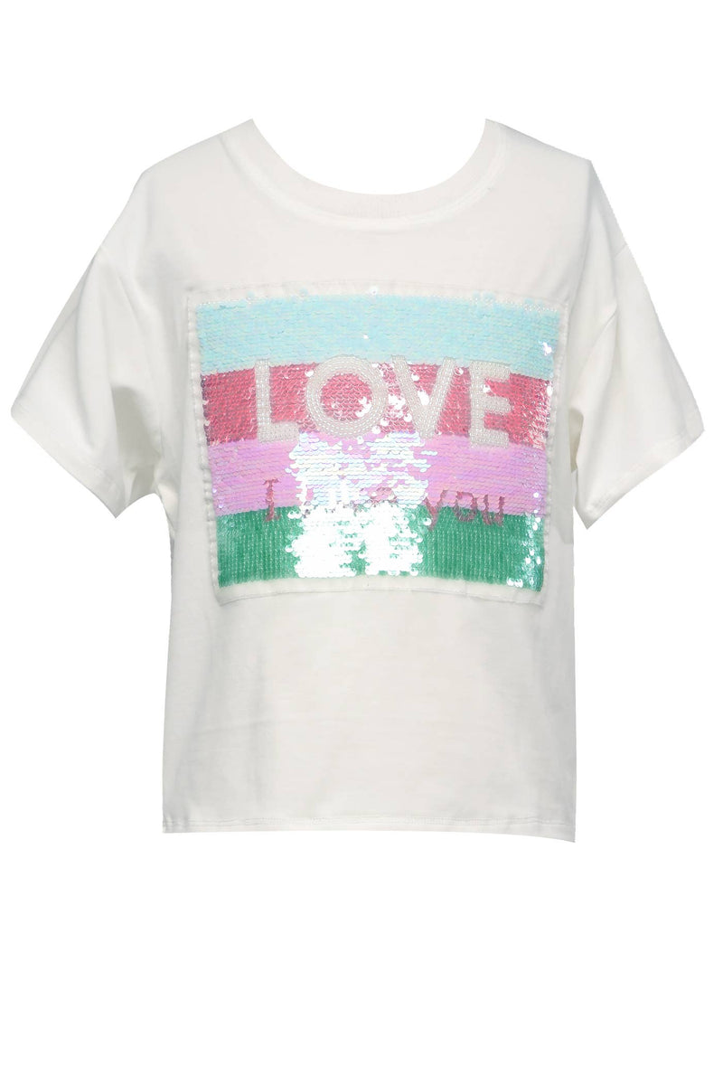 Love Flippable Sequin Patch Short Sleeve T-Shirt