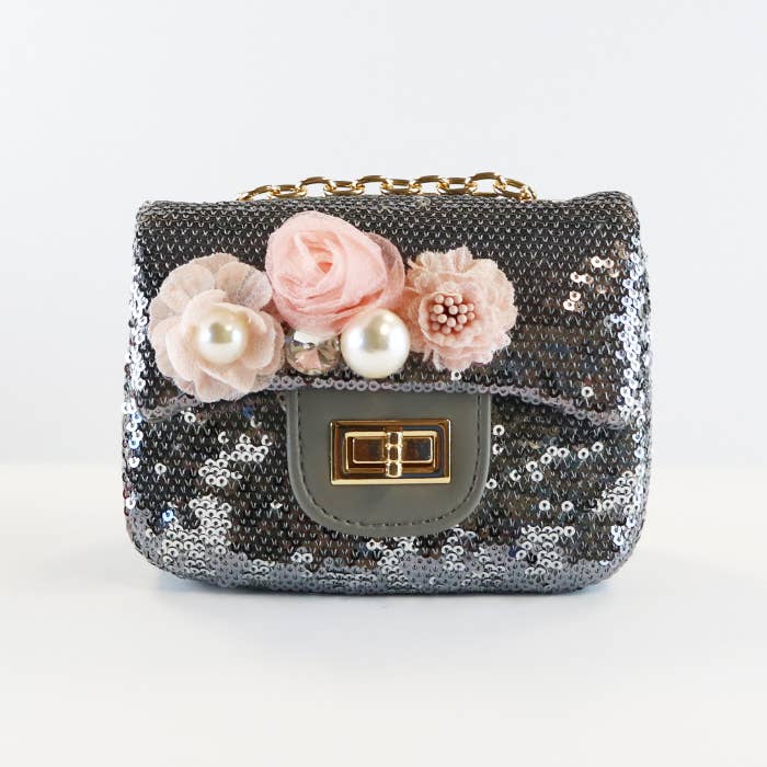 B1301 Floral Appliques Sequin Purse silver