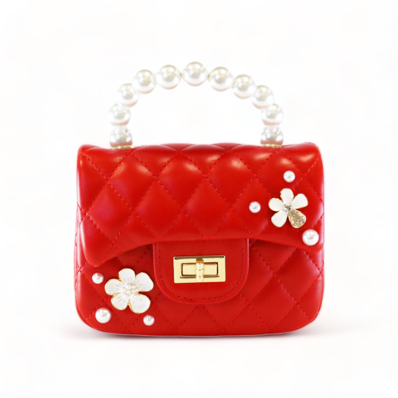 B1303 Pearl Handle Quilted Leather Purse w/ Charms: RED