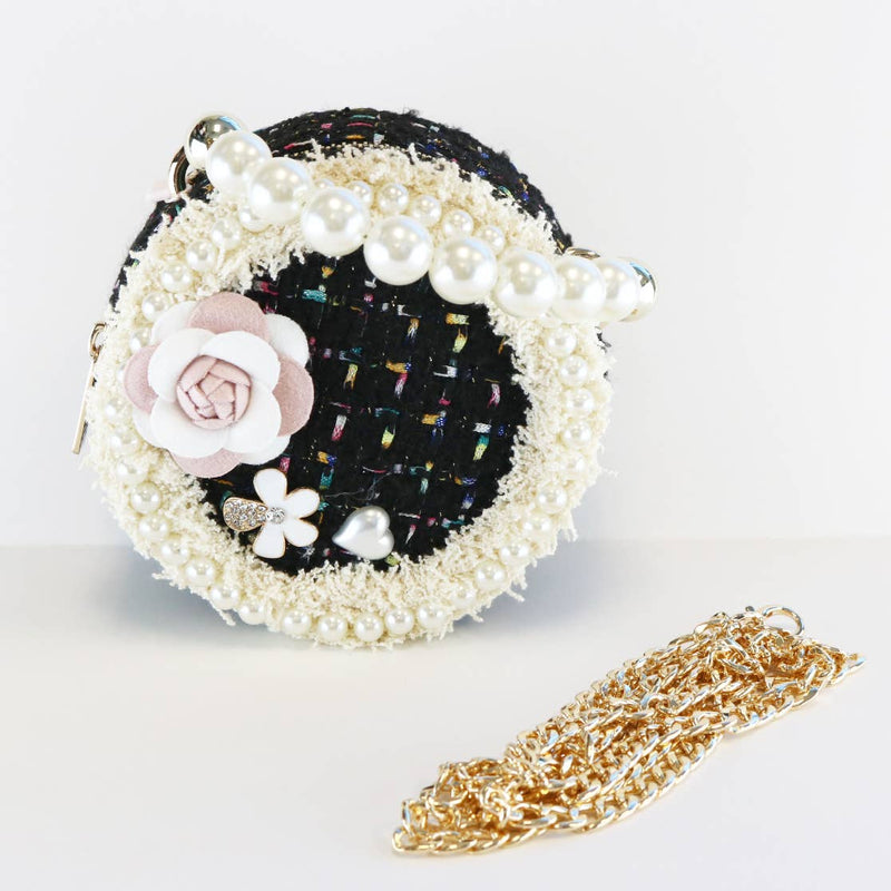 B1251-1 PINK, BLACK, WHITE Pearl Trim Round Tweed Purse