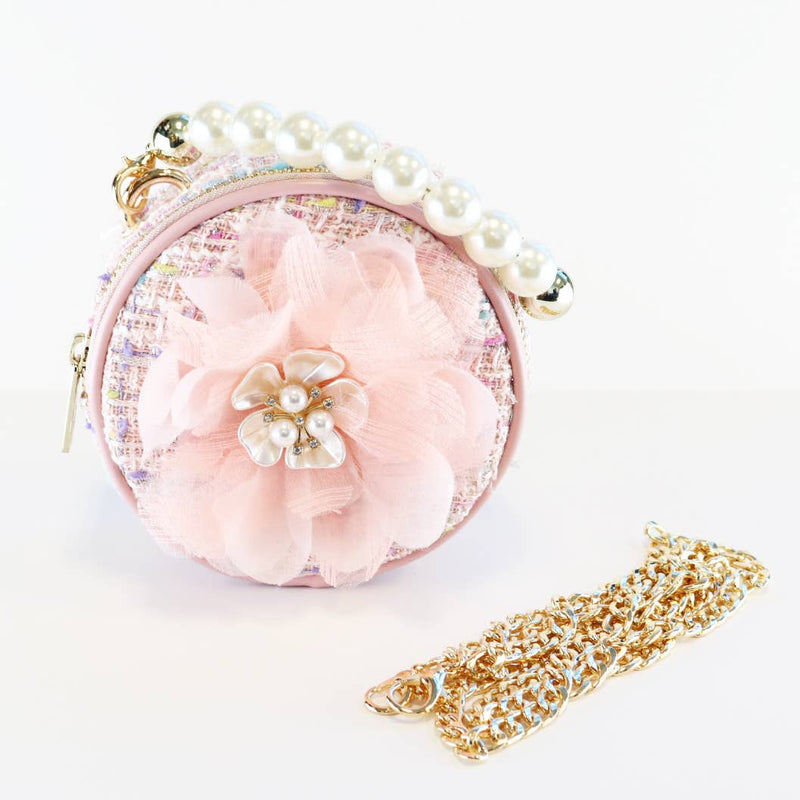 B1251 PINK, BLACK, WHITE Big Flower Round Tweed Purse