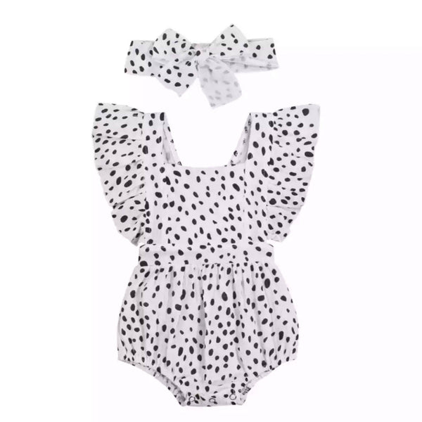 White Rachel Romper with Black Polk-A-Dots and Headband Set