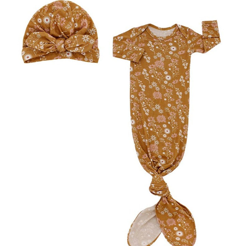Mustard Floral Bamboo Knotted Gown Newborn Baby Gift Set