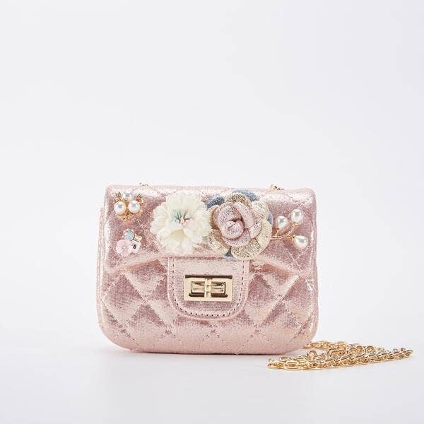 B1222 Floral Appliques Shinny Quilted Purse (5 Colors)