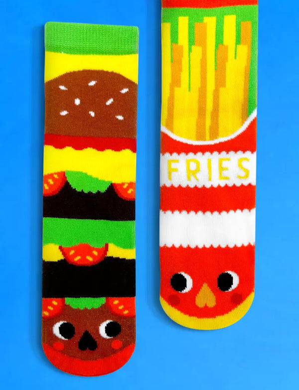 Burger & Fries - Fun Mismatched Non-Slip Socks for Kids: KIDS LARGE (4-6 YEARS)