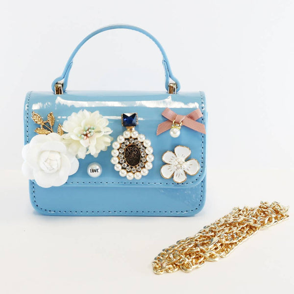 B1236 BLUE Floral & Charms Patent Leather Purse