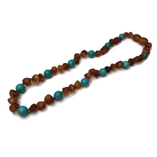 Baltic Amber Teething Necklace Raw 12.5 in Cognac Turquoise