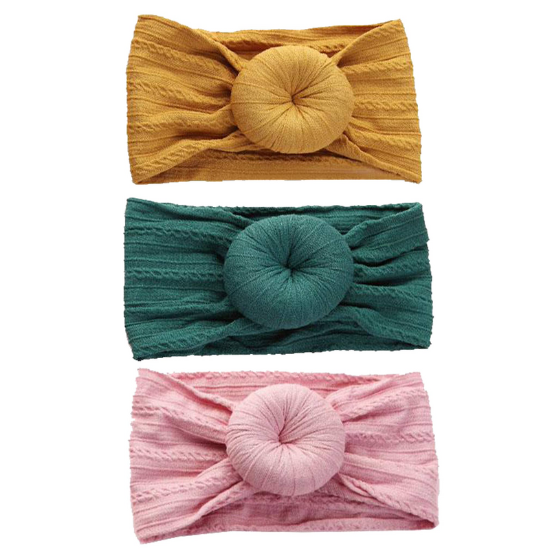 Mustard, Emerald and Rose Cable Knit Bun Headband Gift Set