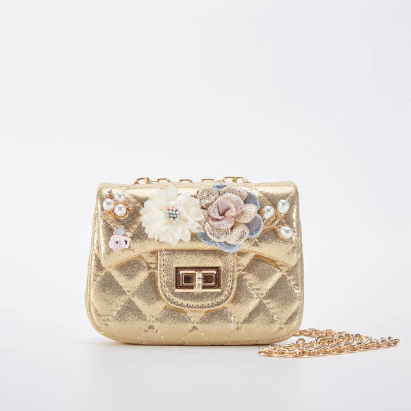 B 1222 Gold Floral Shinny Quilted Purse