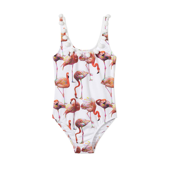 White Tank Swimsuit with Flamingo and Pom Pom Swimsuits