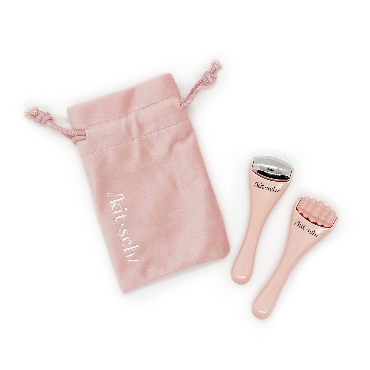 KITSCH Mini Eye & Face Rollers 2-piece set with jade and rose quartz rollers for facial and eye massage.
