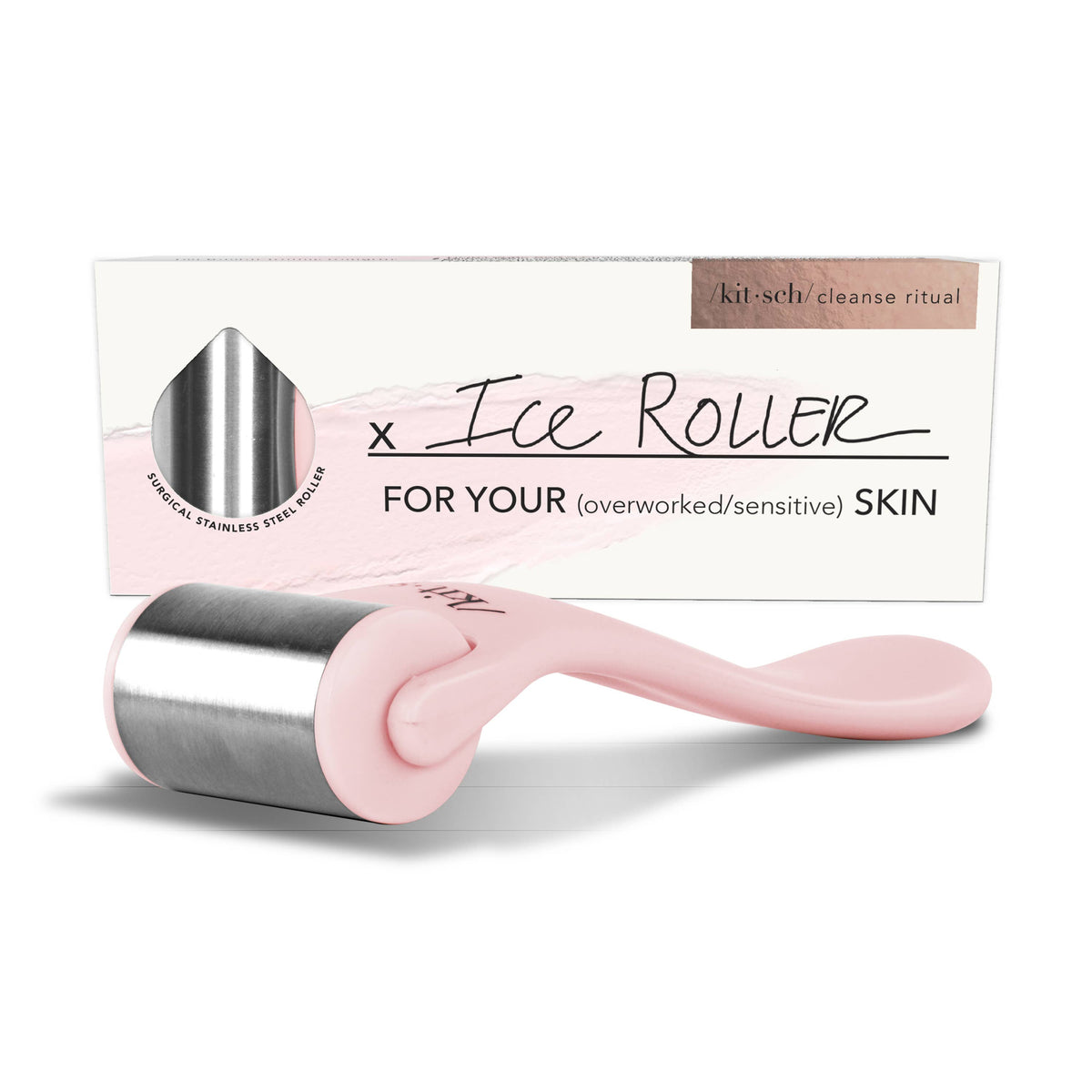 KITSCH health and beauty ice roller for cooling and soothing skin, with a clear handle and textured roller head for facial use.
