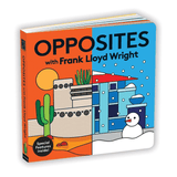 Colorful Mudpuppy Opposites with Frank Lloyd Wright board book featuring illustrations of contrasting images for early learning.