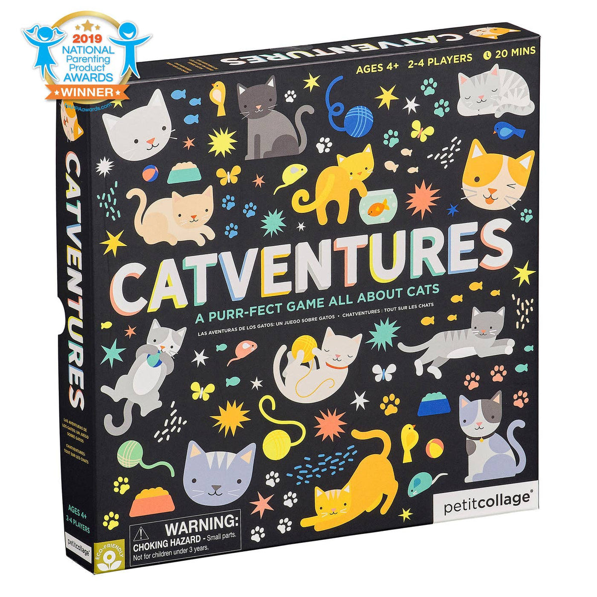 Petit Collage Catventures Board Game with colorful illustrated cat characters and game components on a wooden surface.