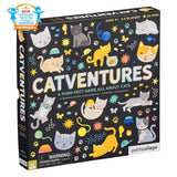 Petit Collage Catventures Board Game with colorful illustrated cat characters and game components on a wooden surface.