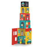 Colorful Peek-A-Boo House stacking blocks play set by Petit Collage with various shaped blocks for creative building and play.