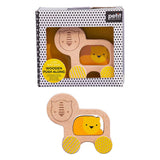 Wooden push-along lion toy by Petit Collage featuring a friendly lion figure on a wheeled wooden base.